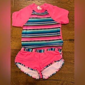 Girls' Neon Pink Striped Rash Guard Two-Piece Swim Set -size 16